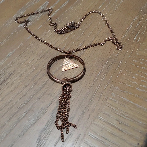 Pewter color large circle, drop chain long statement necklace - Picture 1 of 2